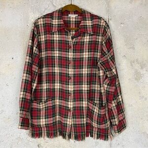 Vintage Christmas plaid red green distressed button up long sleeve shirt large